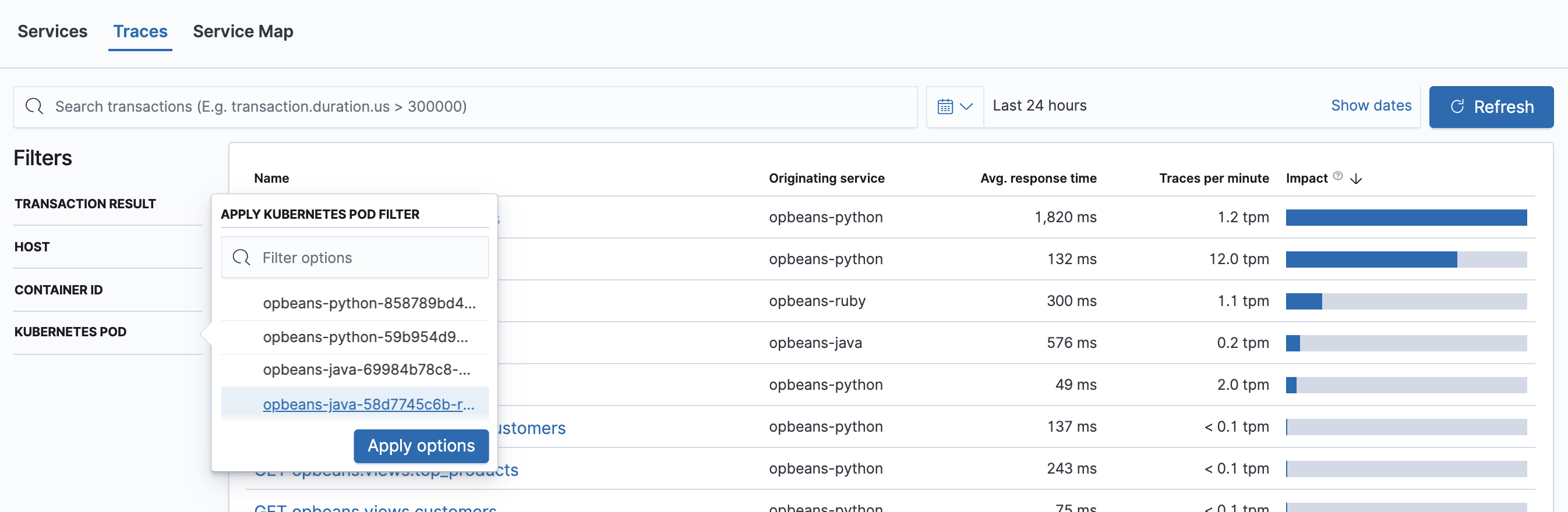 Local filters available in the APM app in Kibana