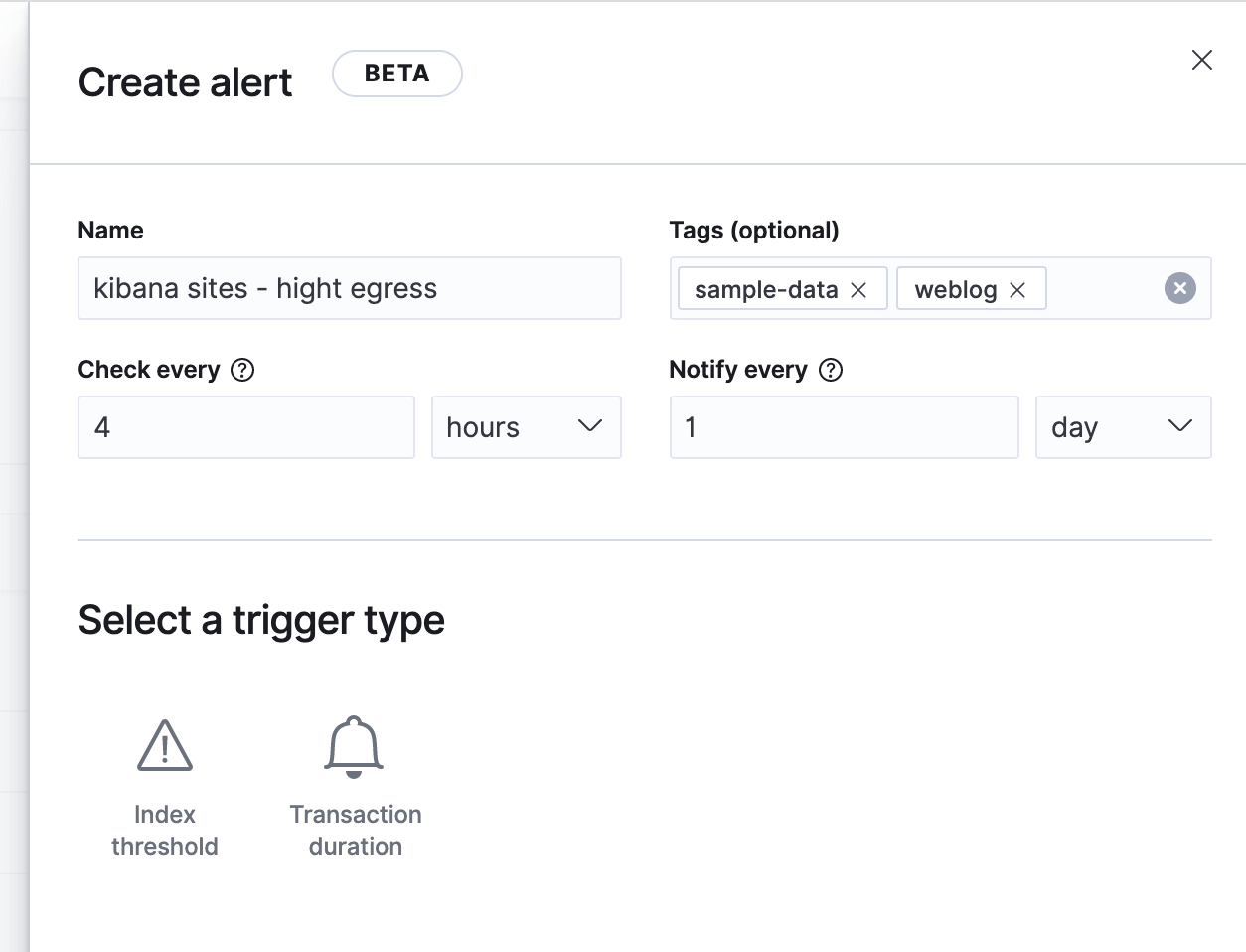 Choosing an index threshold alert type