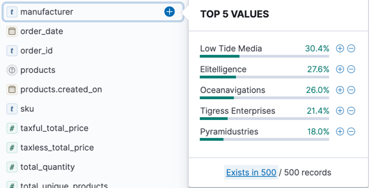 Fields list that displays the top five search results