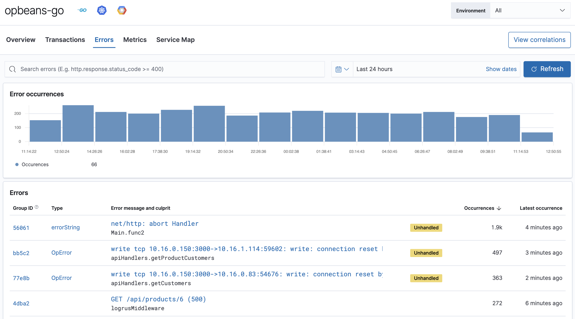 Example view of the errors overview in the APM app in Kibana