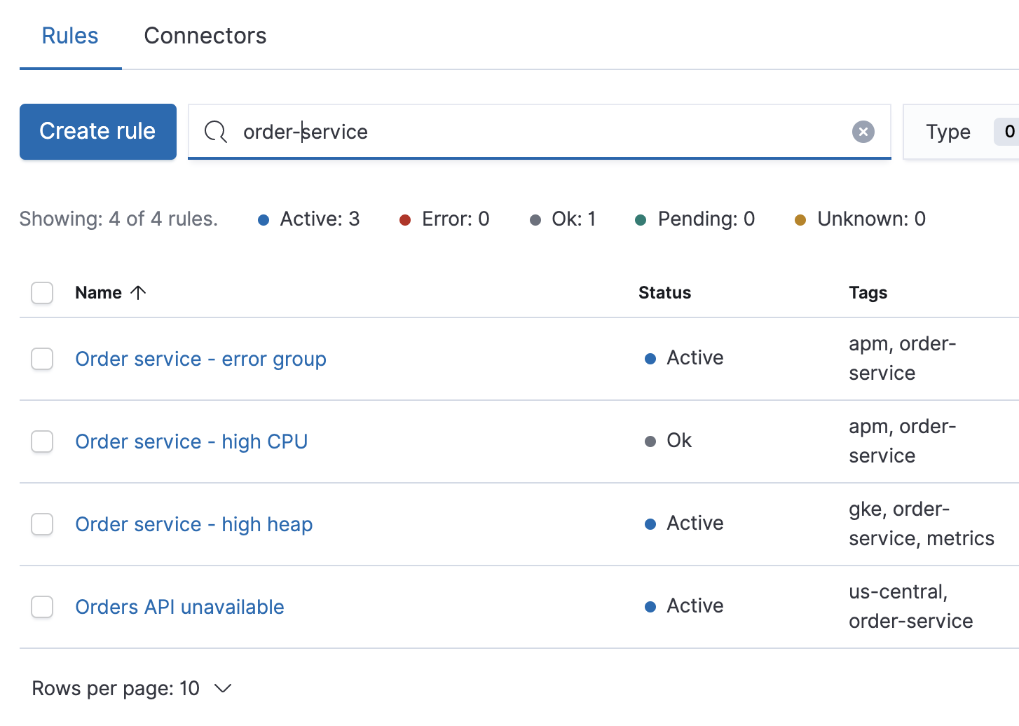 Filtering the rules list using the search bar