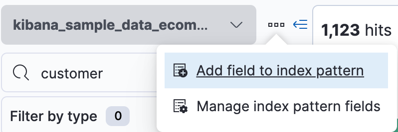 Dropdown menu located next to index pattern field with item for adding a field to an index pattern