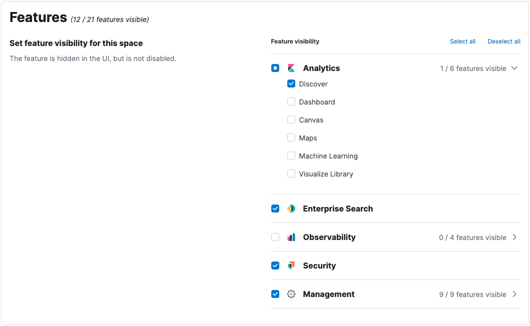 Controlling features visiblity