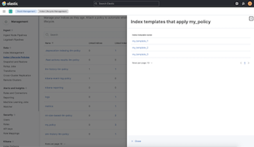 A list of affected index templates in the <span class="strong strong"><strong>Index Lifecycle Policies</strong></span> app