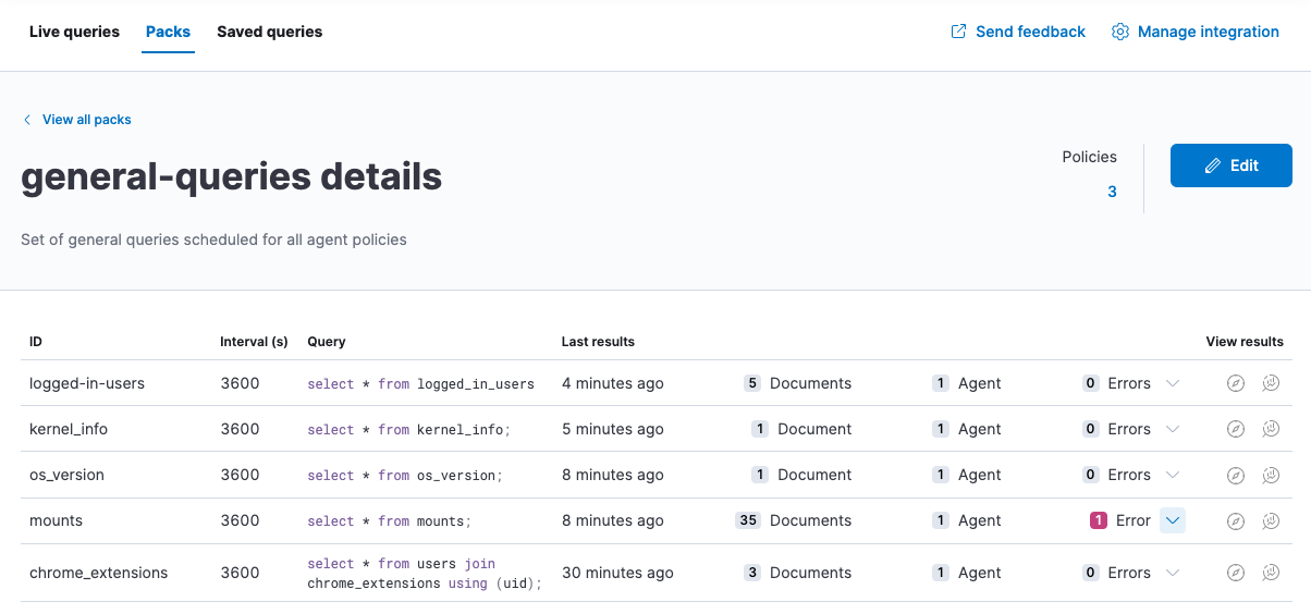 Shows queries in the pack and details about each query