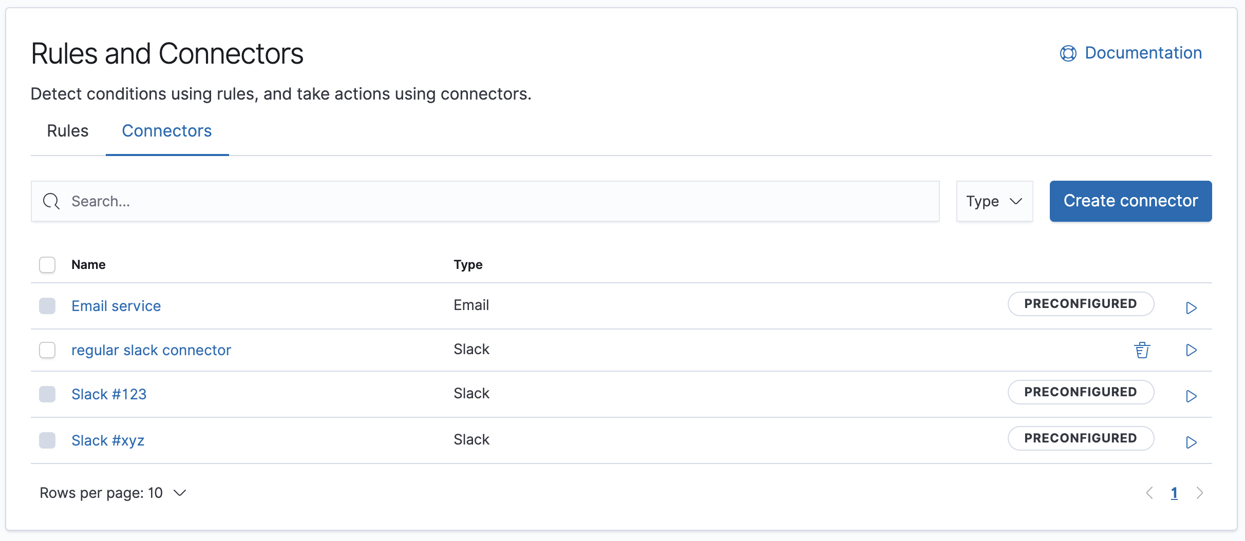 Connectors managing tab with pre-configured