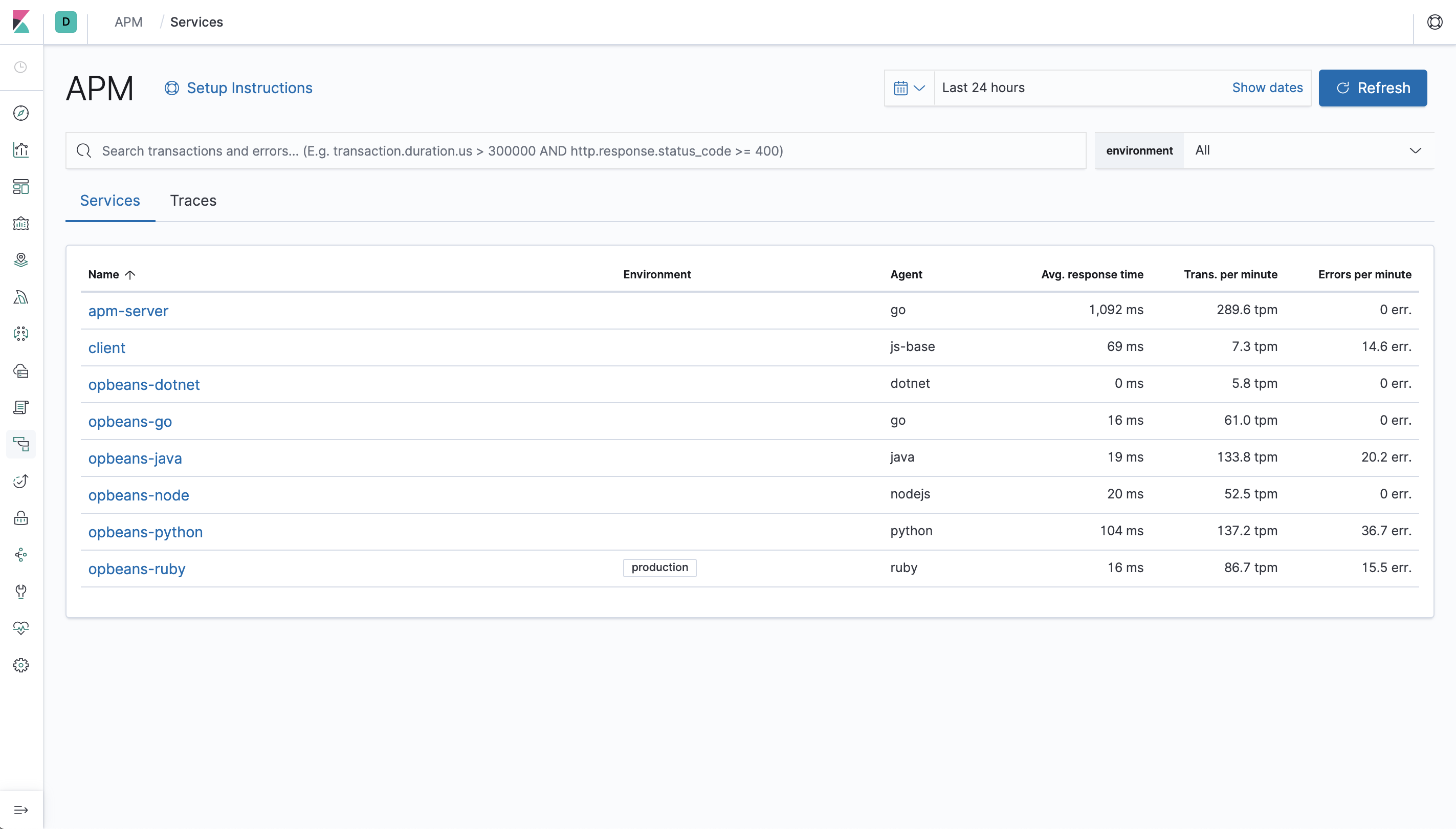 Example view of services table the APM UI in Kibana