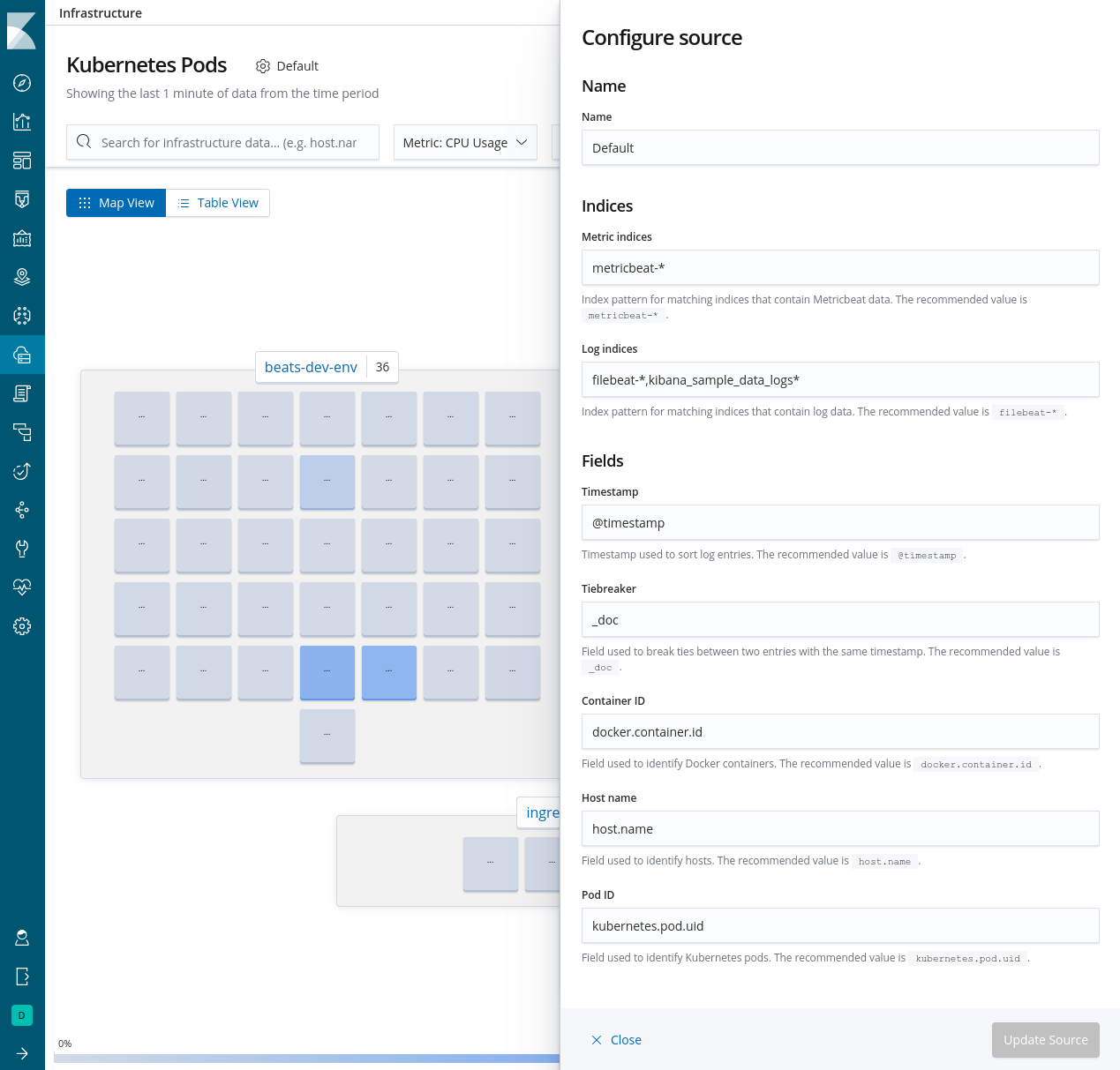 Configure Infrastructure UI source dialog in Kibana