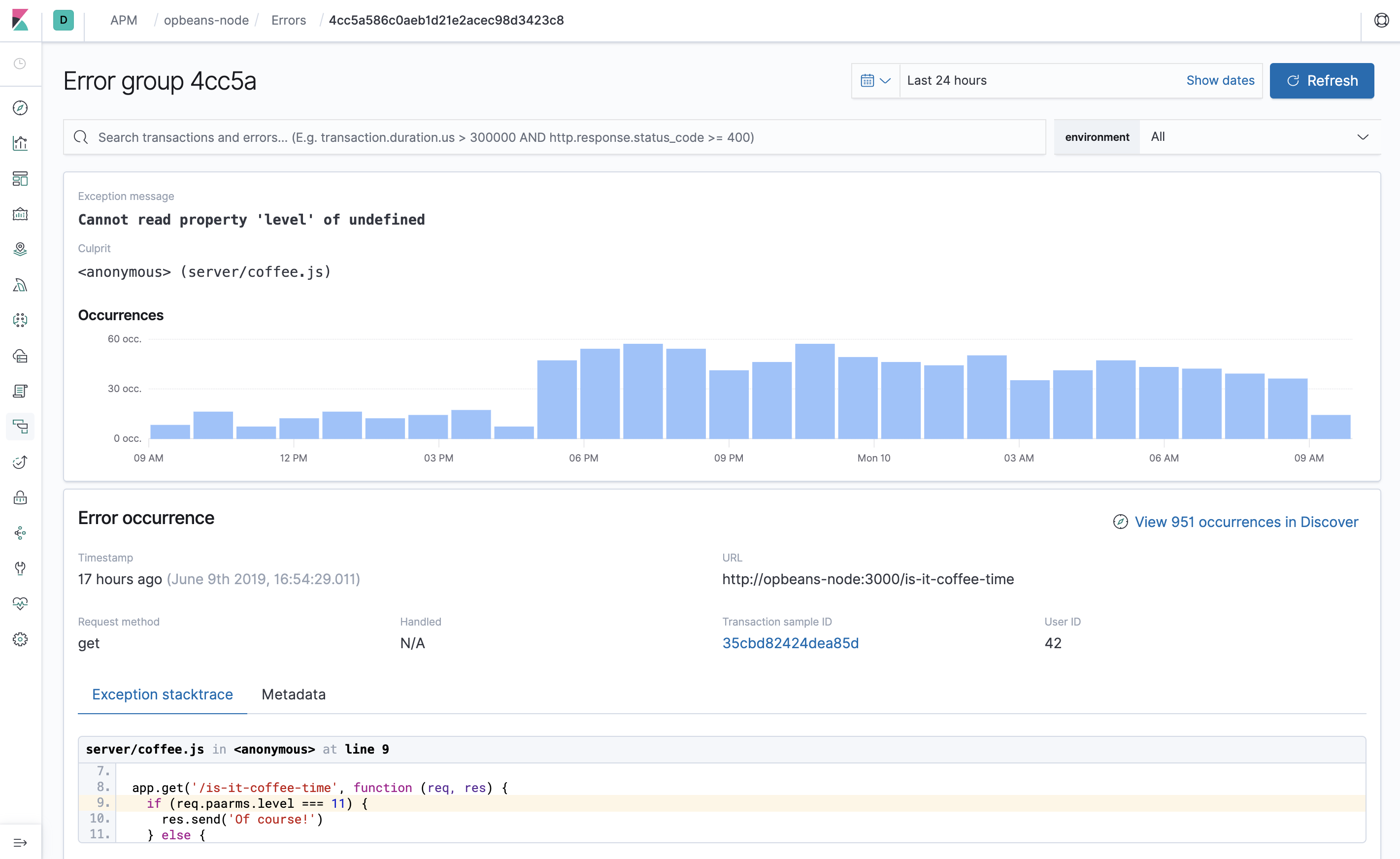 Example view of the error group page in the APM UI in Kibana