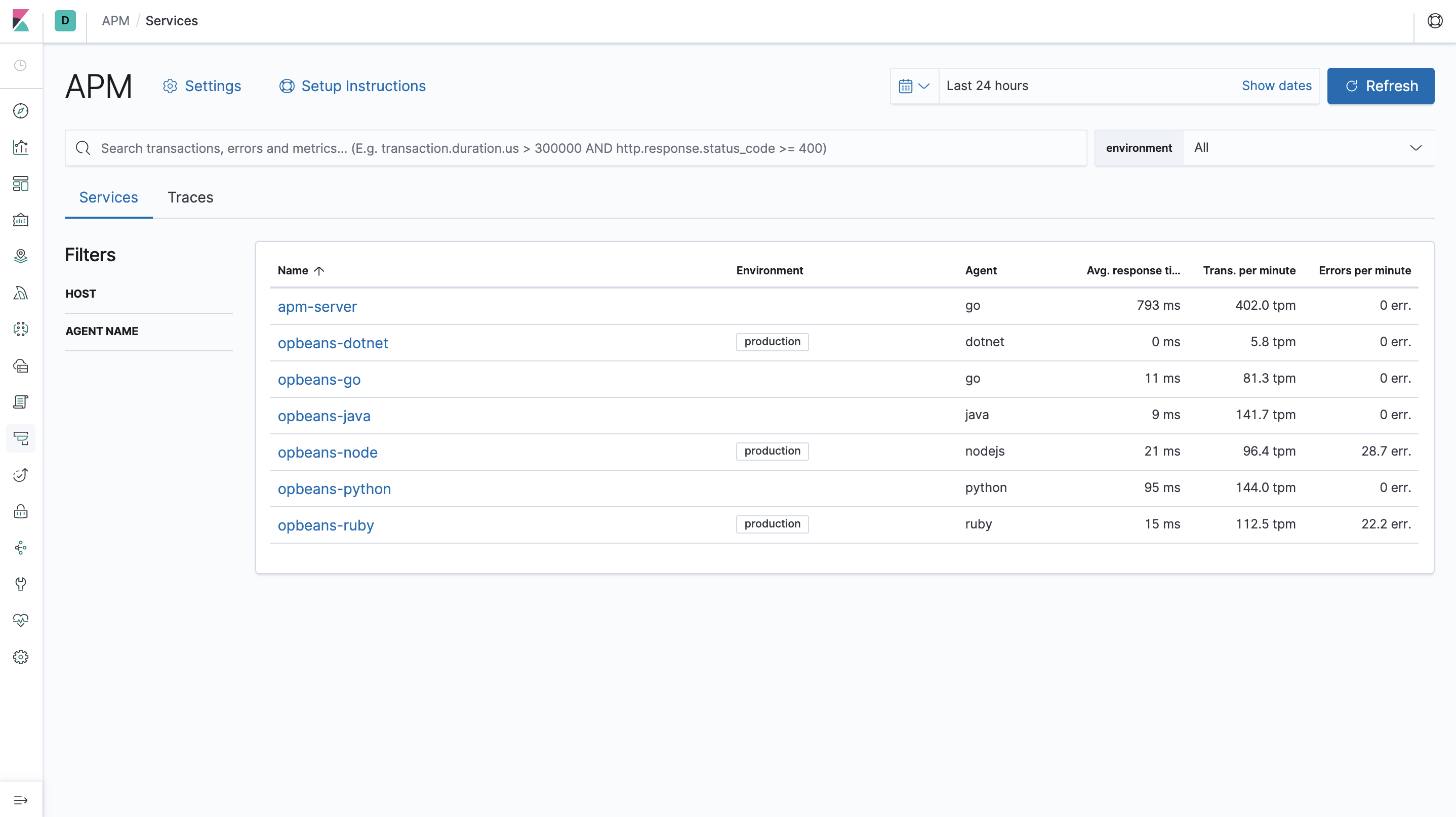 Example view of services table the APM UI in Kibana