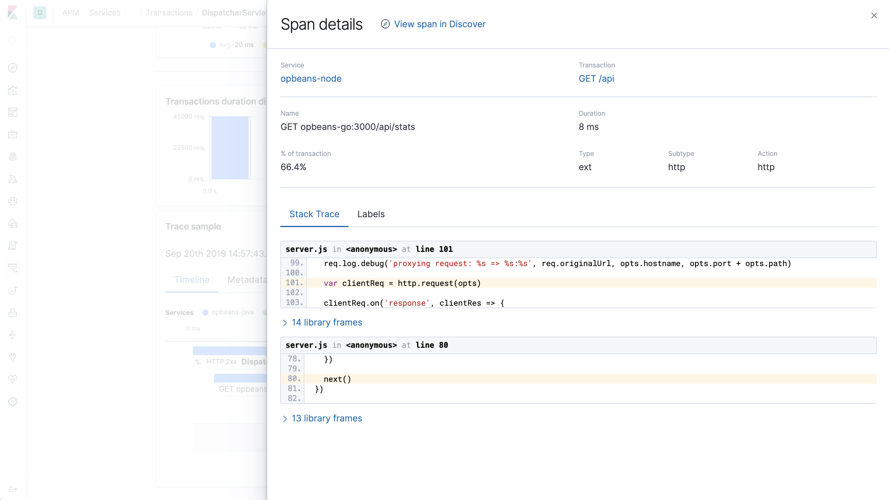 Example view of a span detail in the APM UI in Kibana