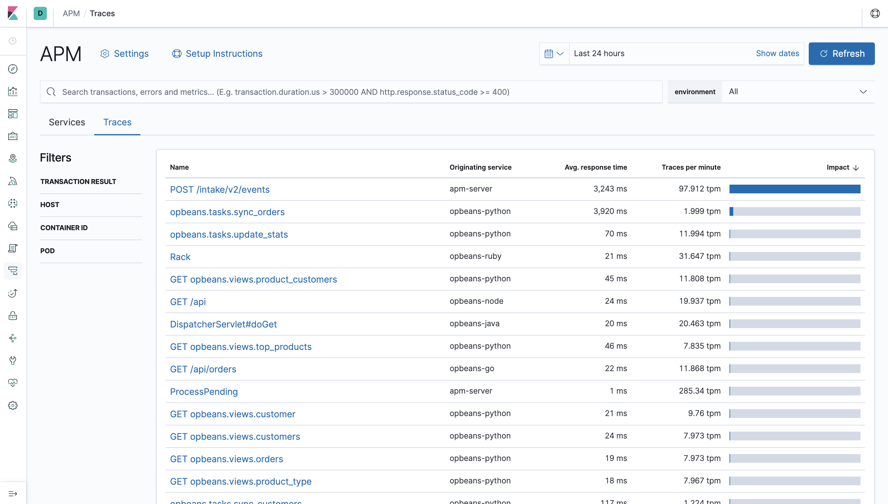 Example view of the Traces overview in APM UI in Kibana