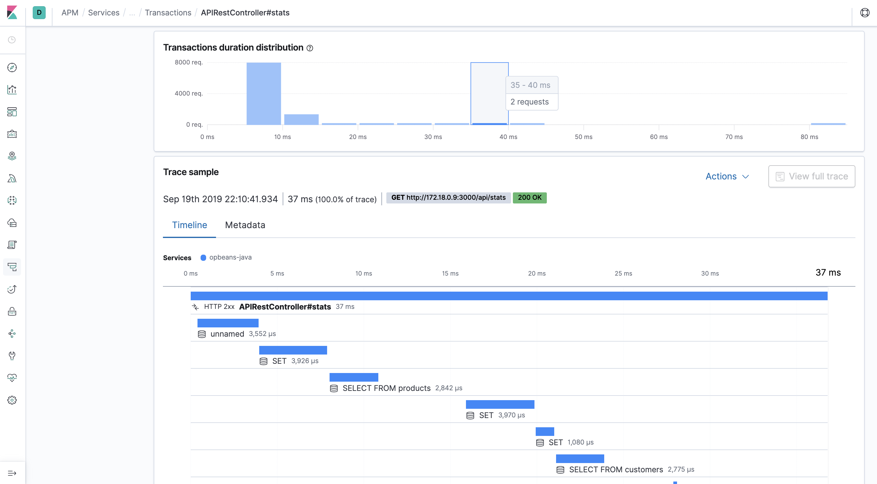 Example of distributed trace colors in the APM UI in Kibana