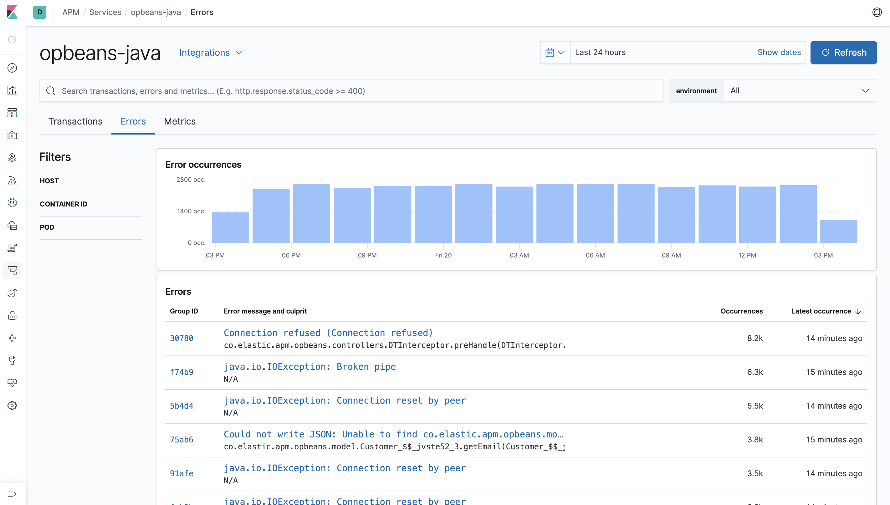 Example view of the errors overview in the APM app in Kibana