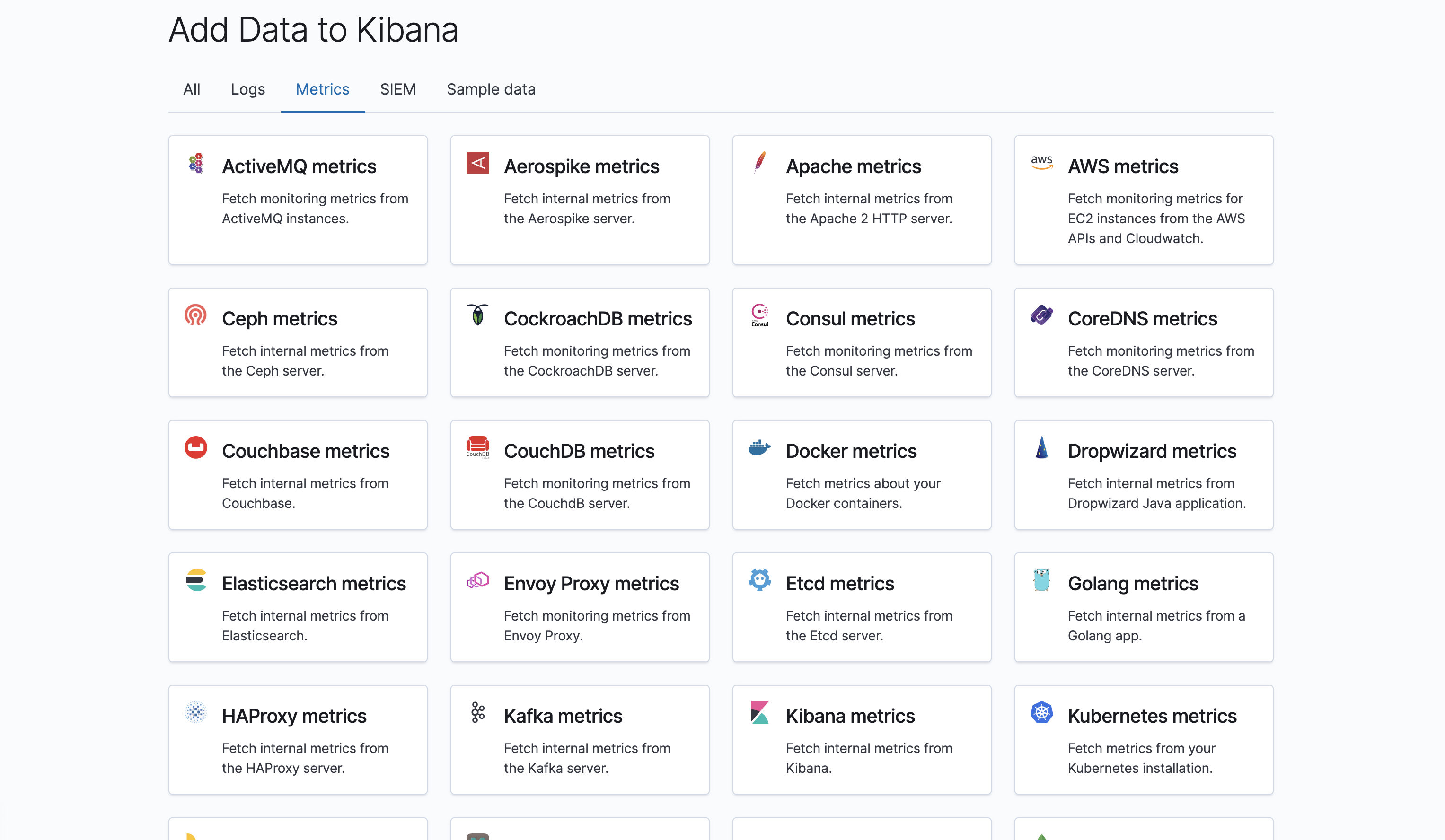 Screenshot showing Add metric data to Kibana