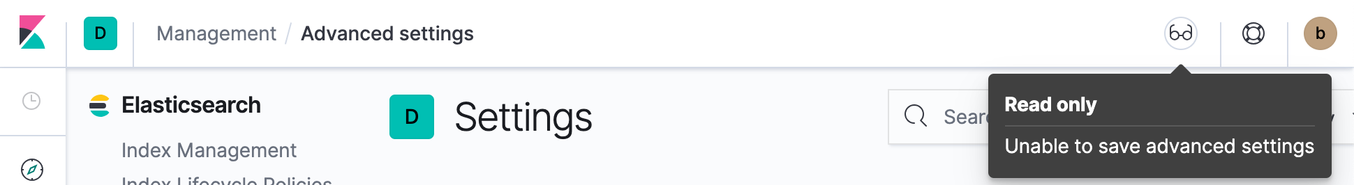 Example of Advanced Settings Management’s read only access indicator in Kibana’s header