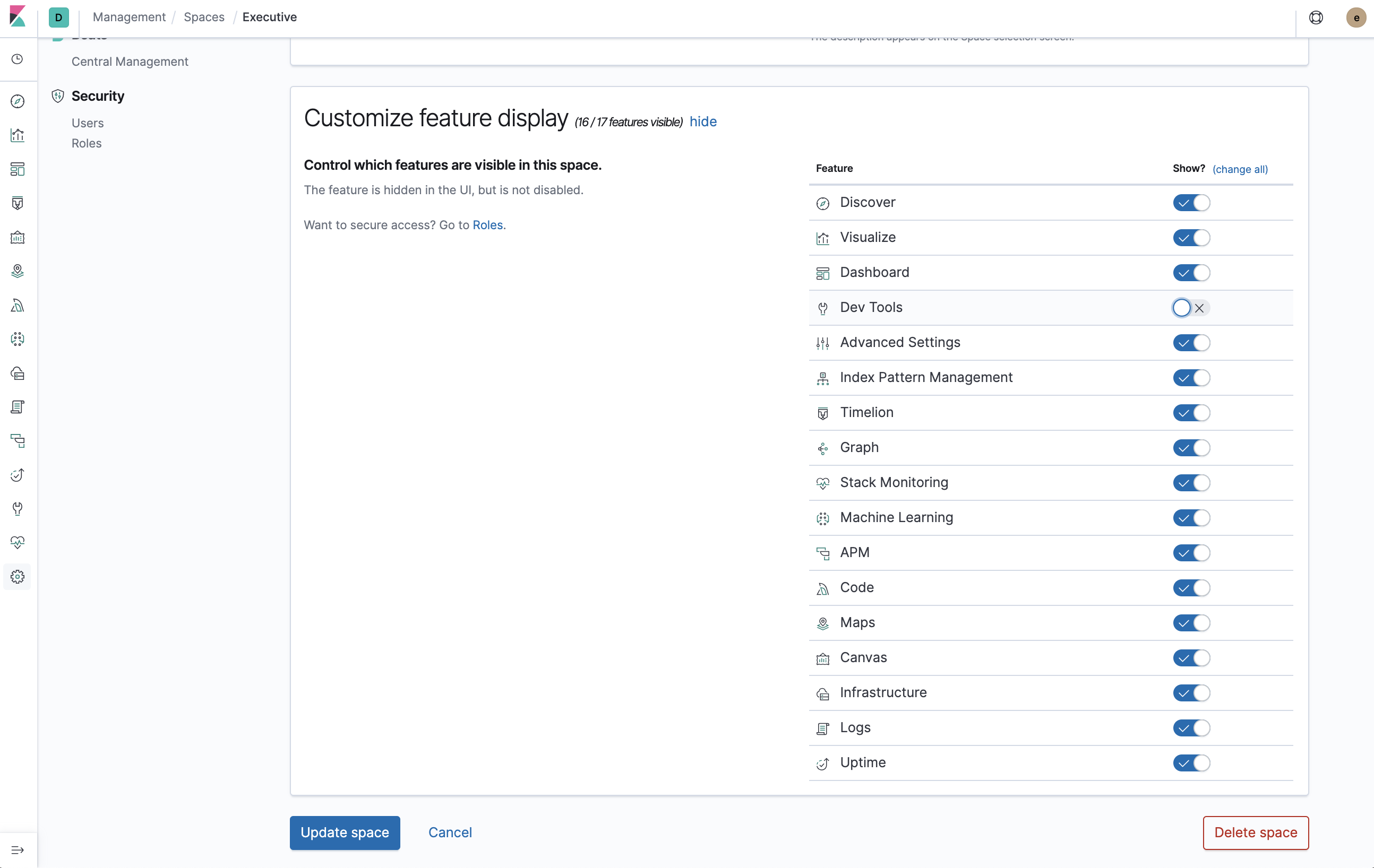 Controlling features visiblity