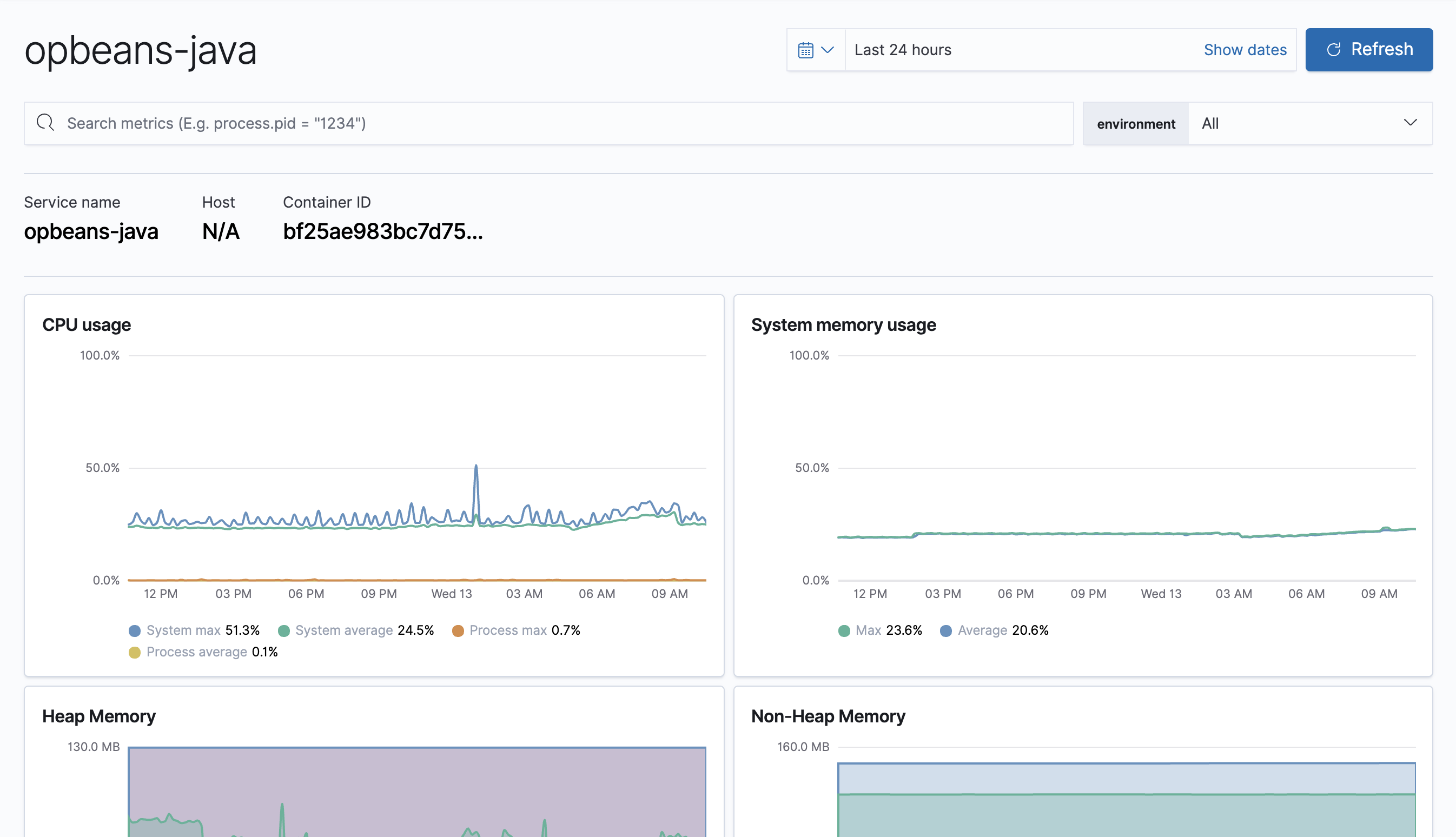 Example view of the Metrics overview for the Java Agent