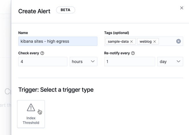 Choosing an index threshold alert type