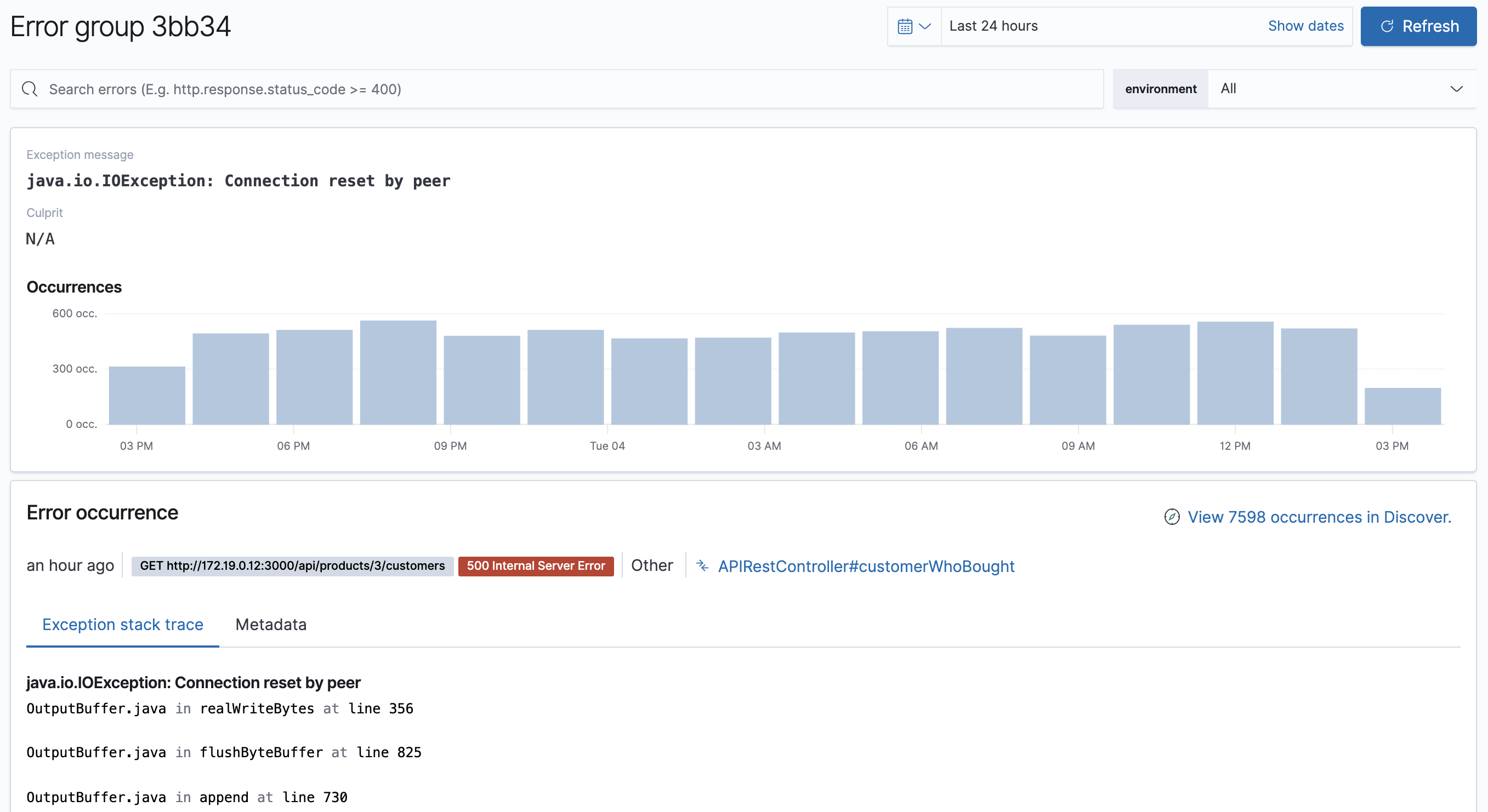 Example view of the error group page in the APM app in Kibana