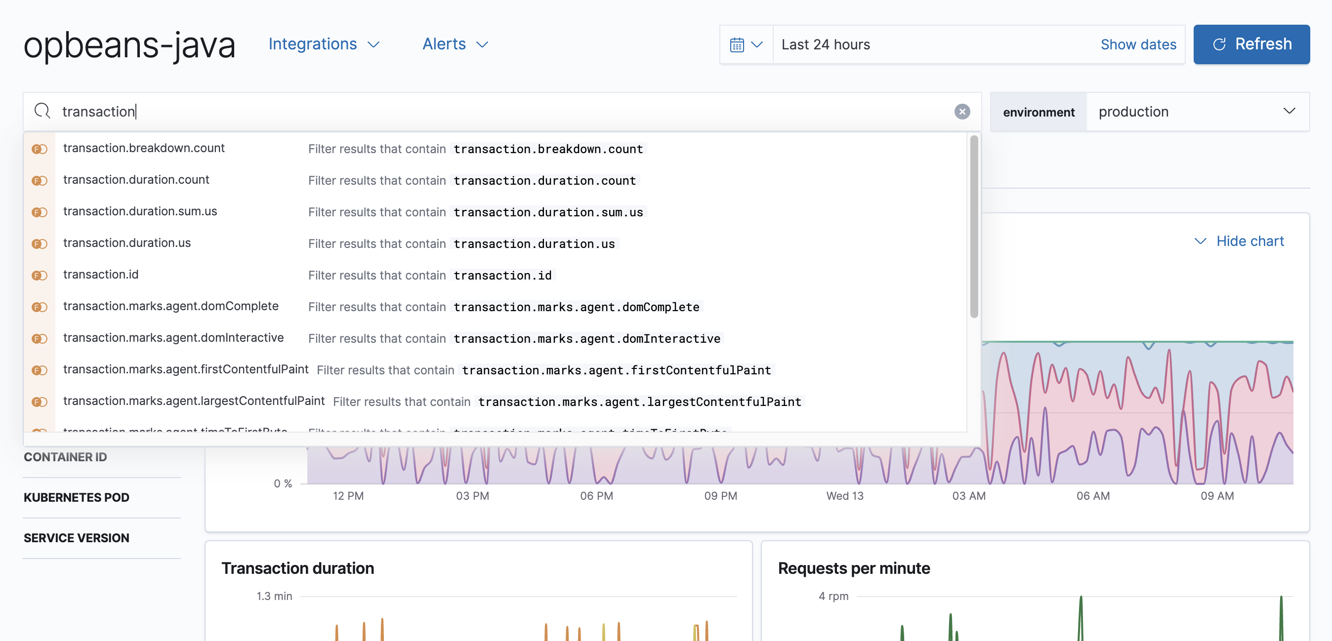 Example of the Kibana Query bar in APM app in Kibana