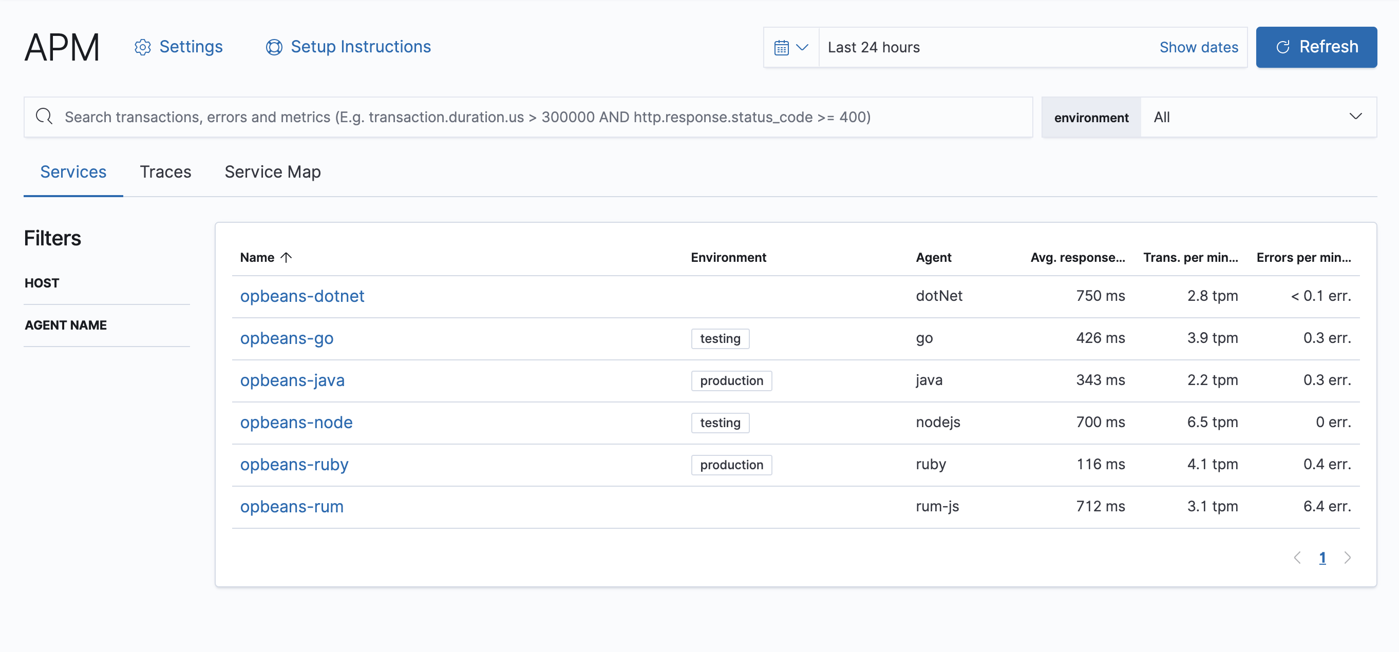 Example view of services table the APM app in Kibana