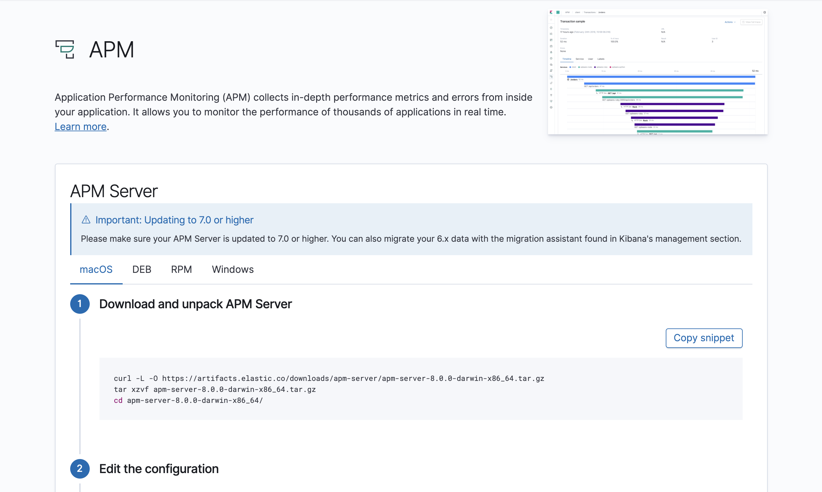 Installation instructions on the APM page in Kibana