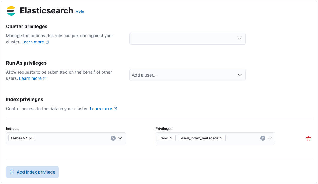 Create role with index privileges