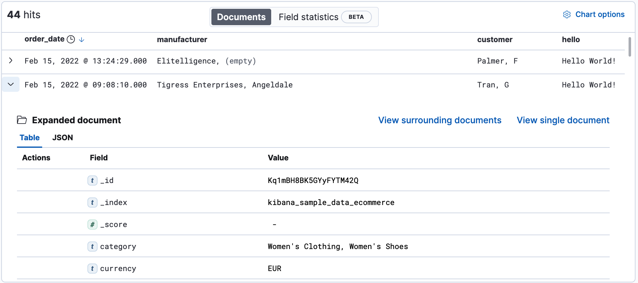 Table view with document expanded