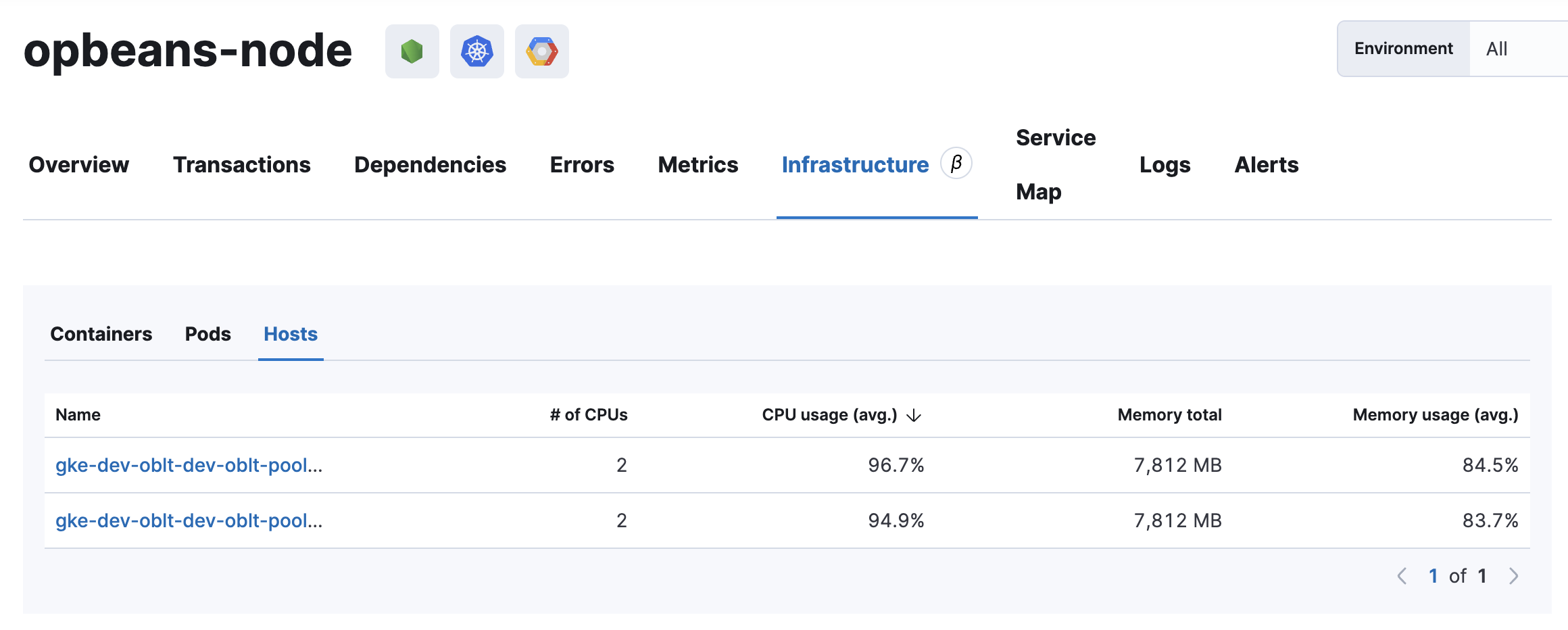 Example view of the Infrastructure tab in APM app in Kibana