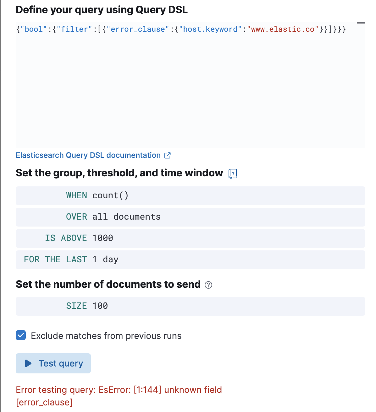 Test Elasticsearch query shows error when invalid