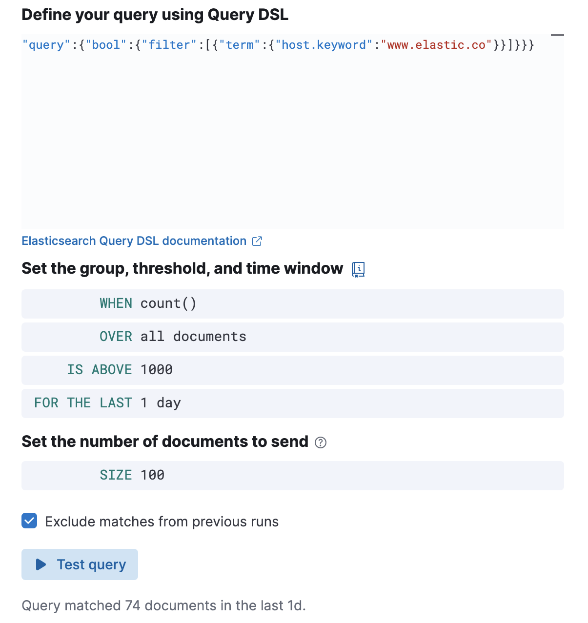 Test Elasticsearch query returns number of matches when valid