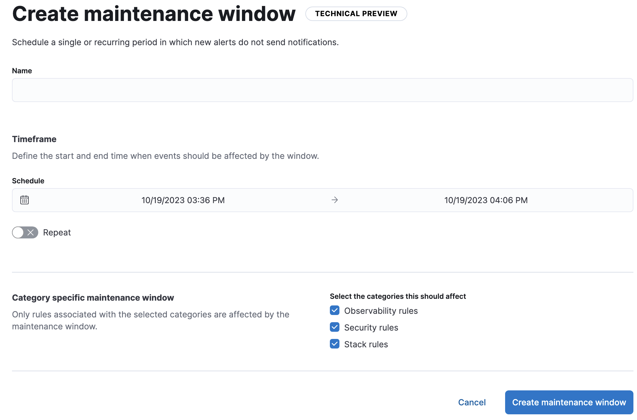 The Create Maintenance Window user interface in Kibana