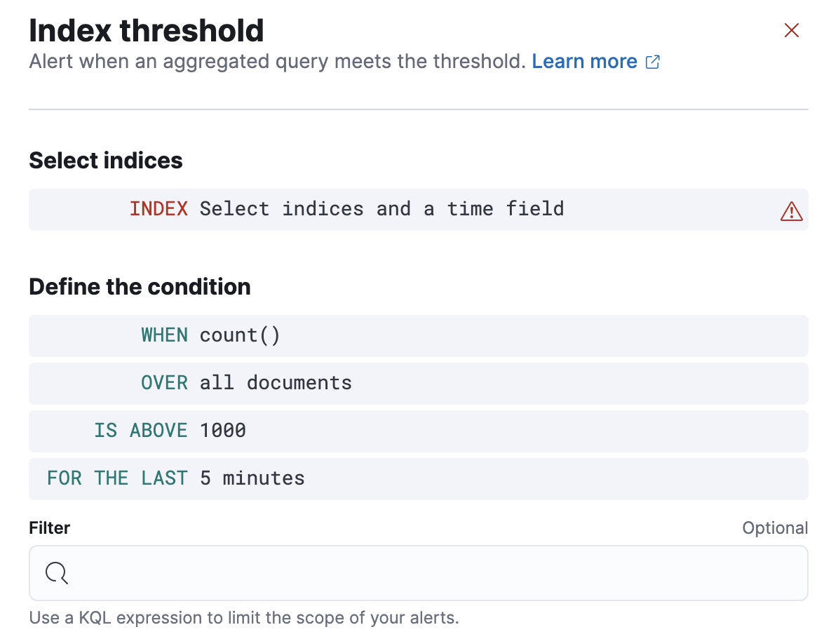 Defining index threshold rule conditions in Kibana