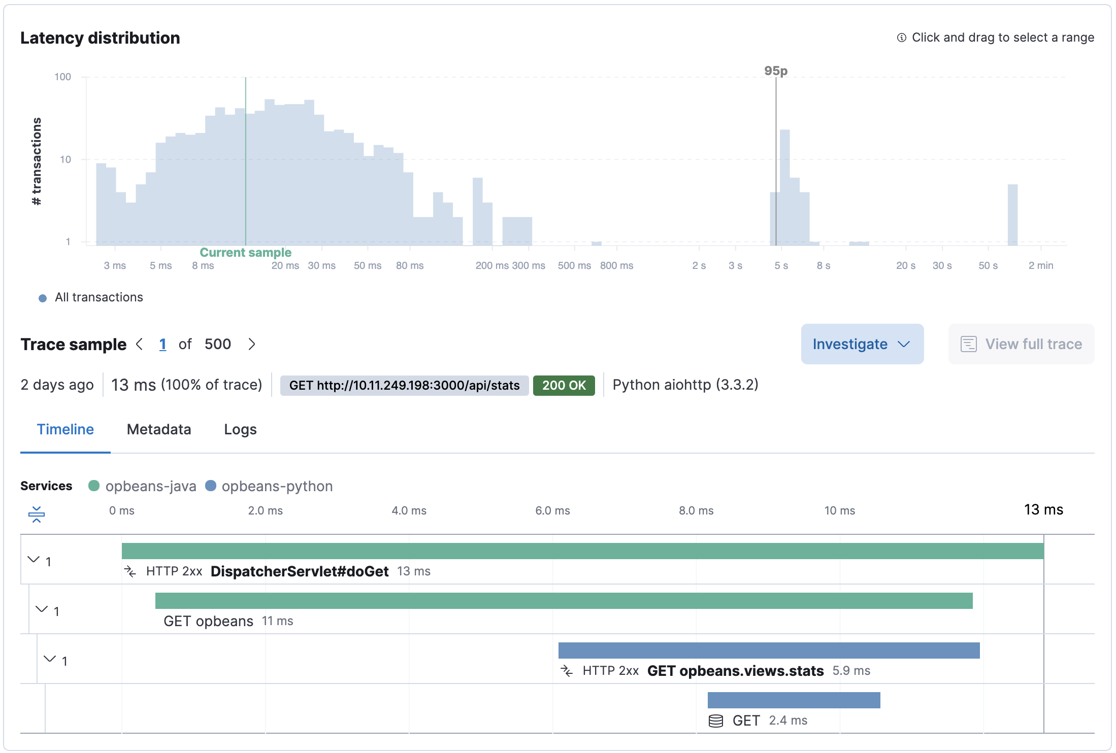 Example of distributed trace colors in the APM app in Kibana