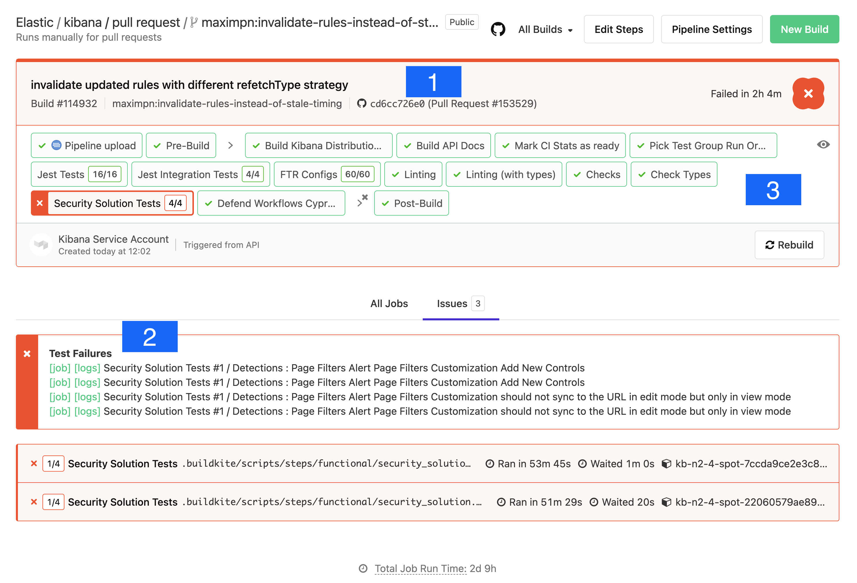 Buildkite pipeline view showing a few test failures