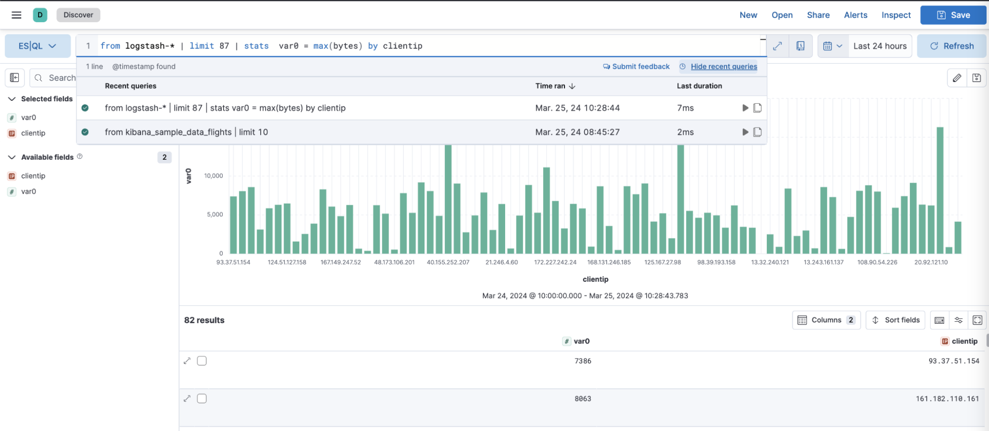 An image of an ES|QL query history in Discover.