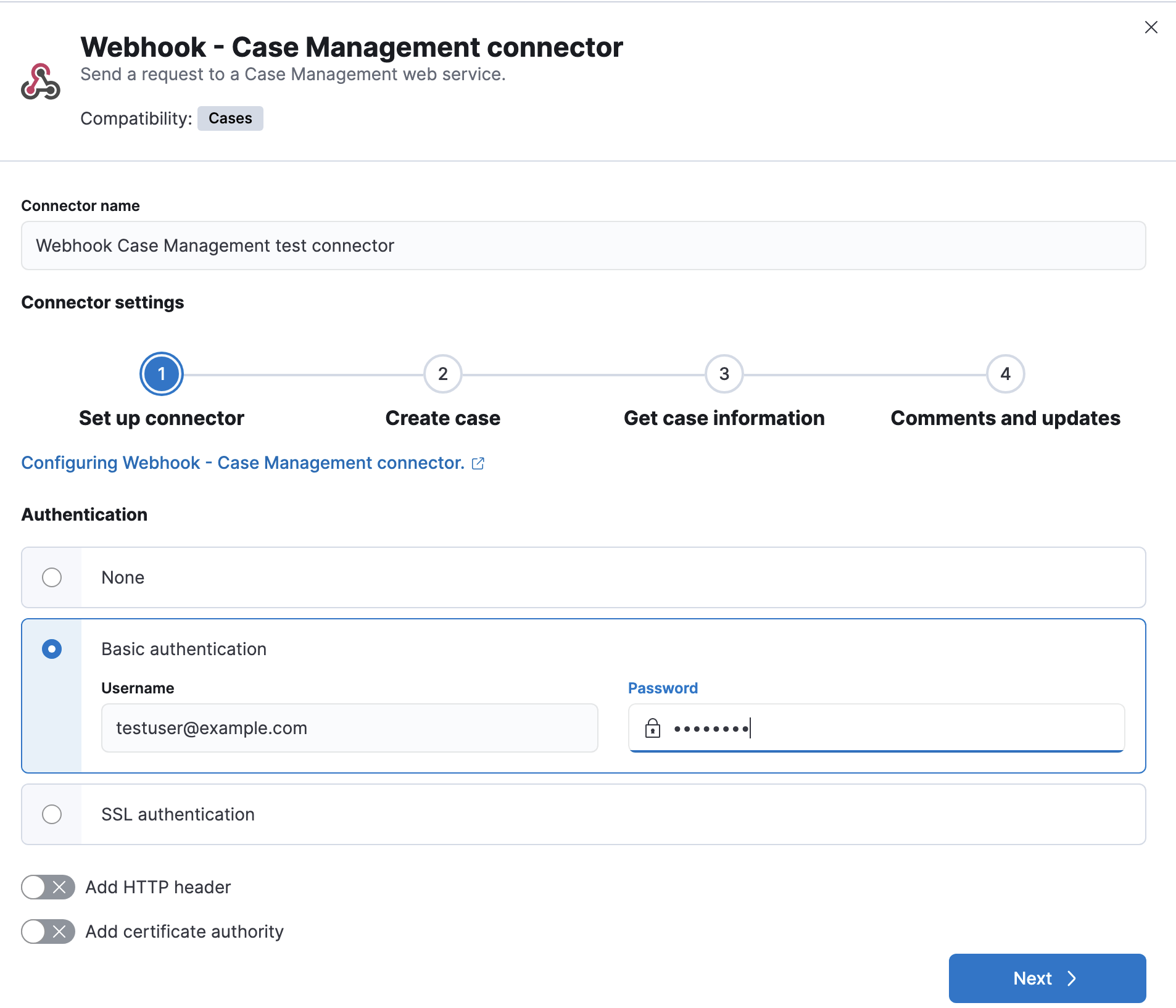 Set authentication details in the Webhook - Case Management connector