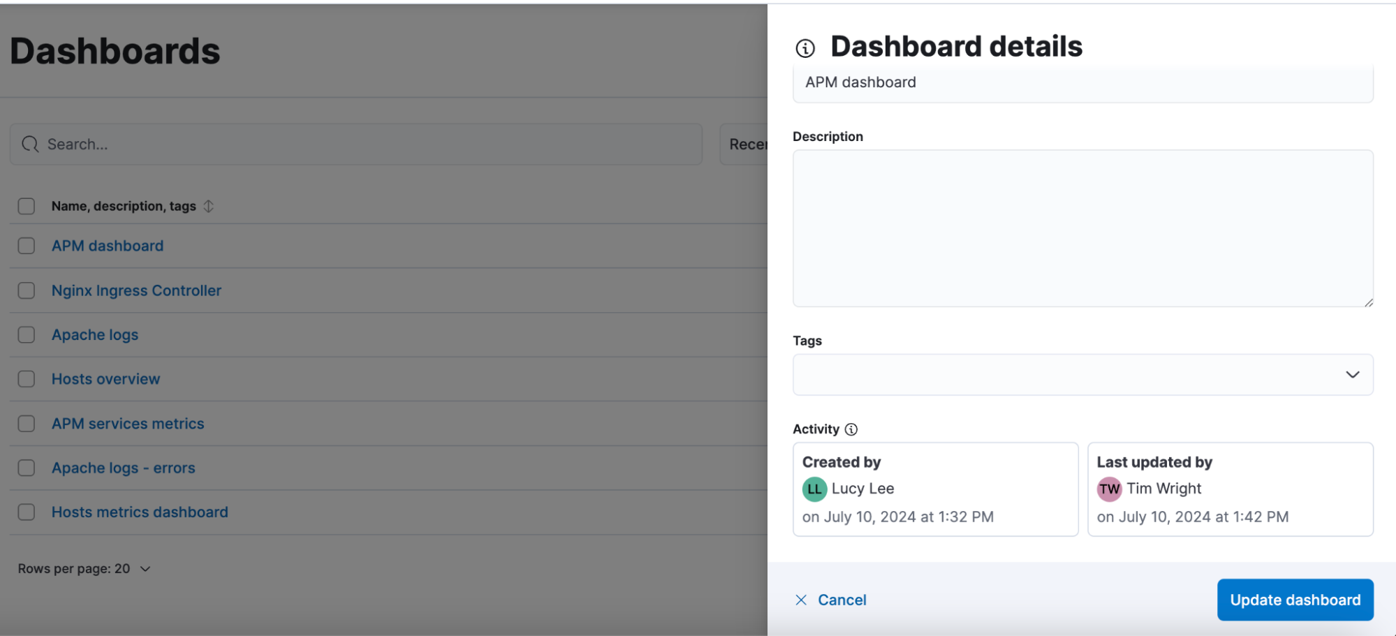 Information panel of a dashboard showing its creator and last editor