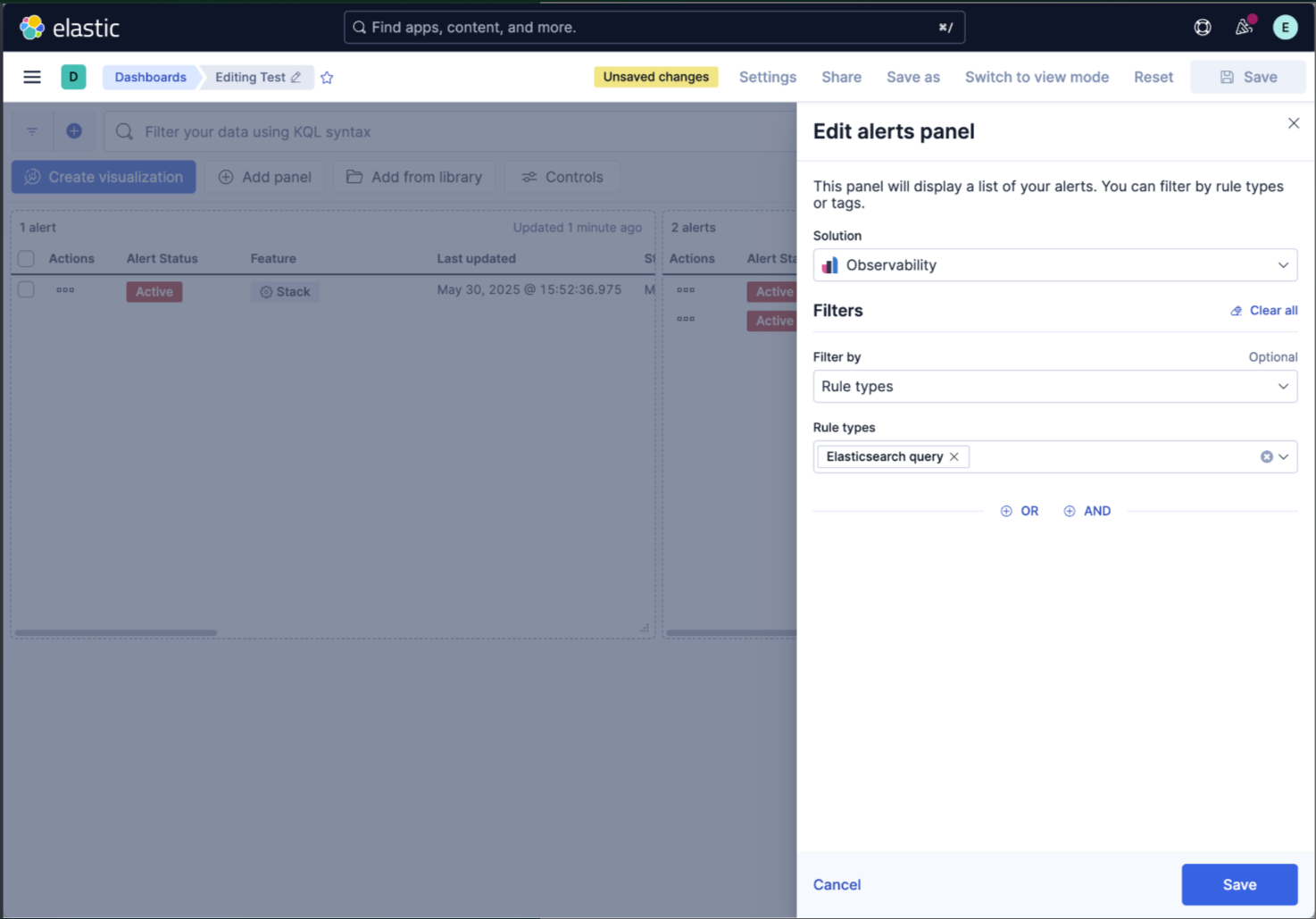 Alerts panel in Dashboards