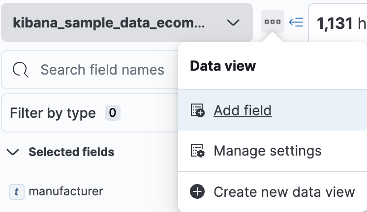 Dropdown menu located next to data view field with item for adding a field to a data view