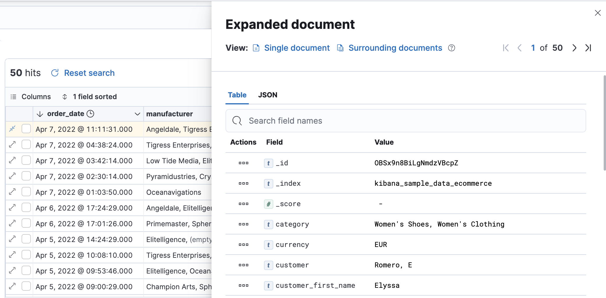 Expanded view of the document table