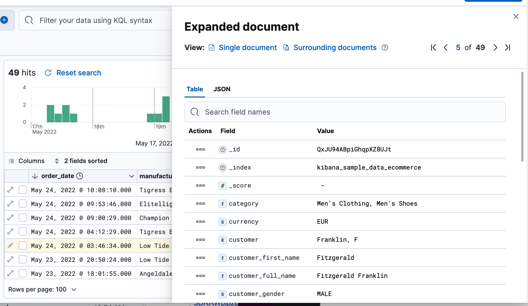 Table view with document expanded