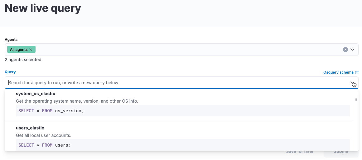 Select saved query dropdown name showing query name and description