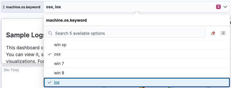 Options list control for the `machine.os.keyword` field with the `osx` and `ios` options selected