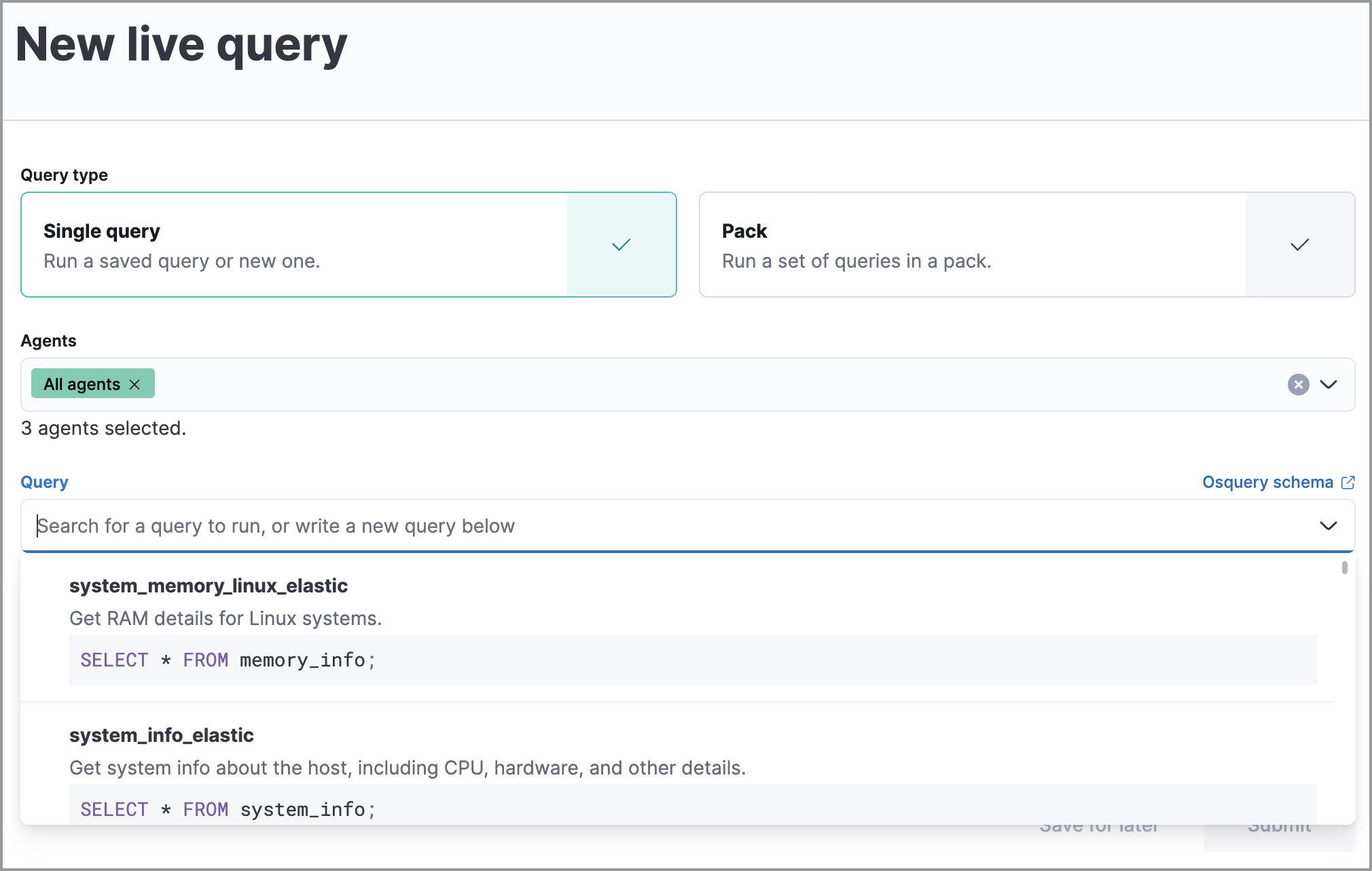 Select saved query dropdown name showing query name and description