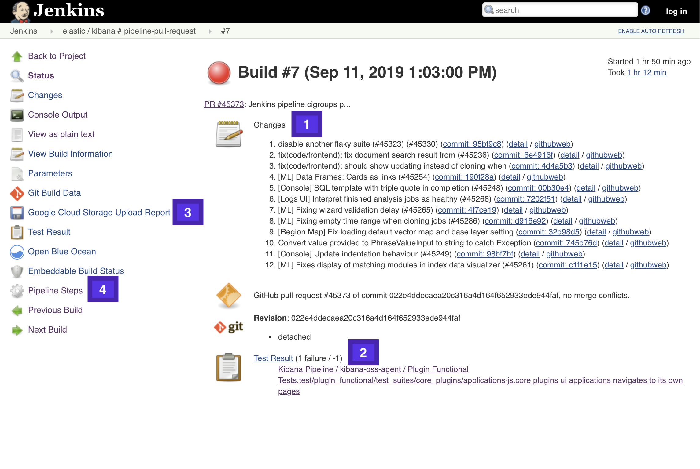 Jenkins job view showing a test failure