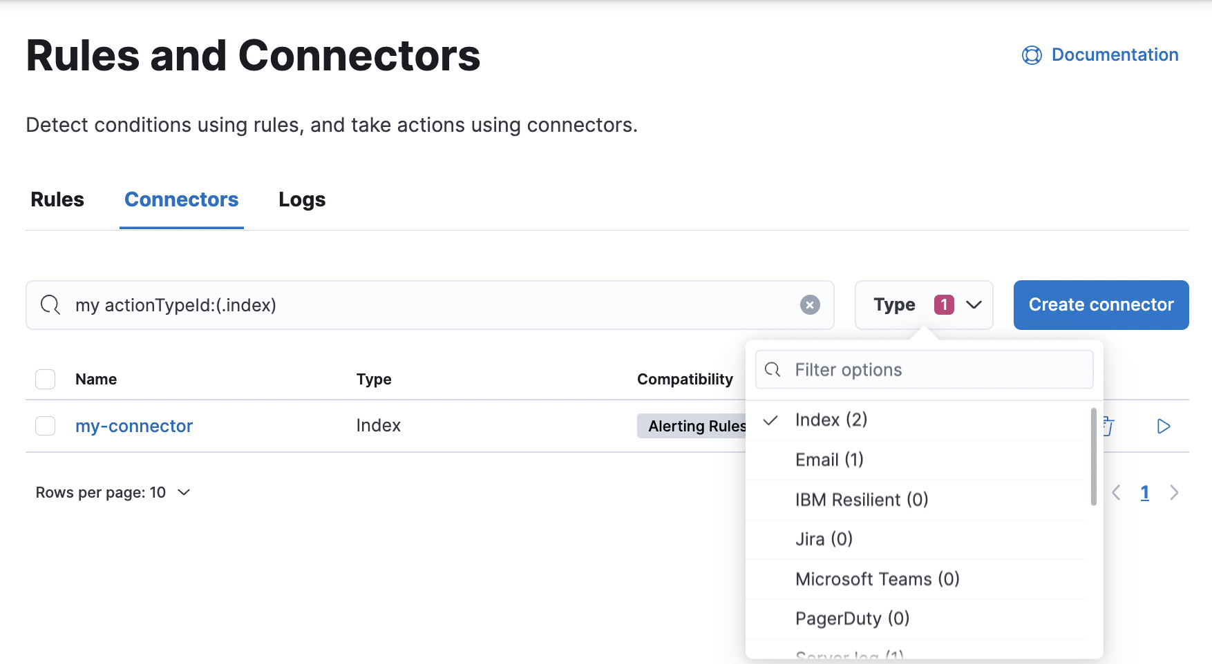 Filtering the connector list by types of connectors
