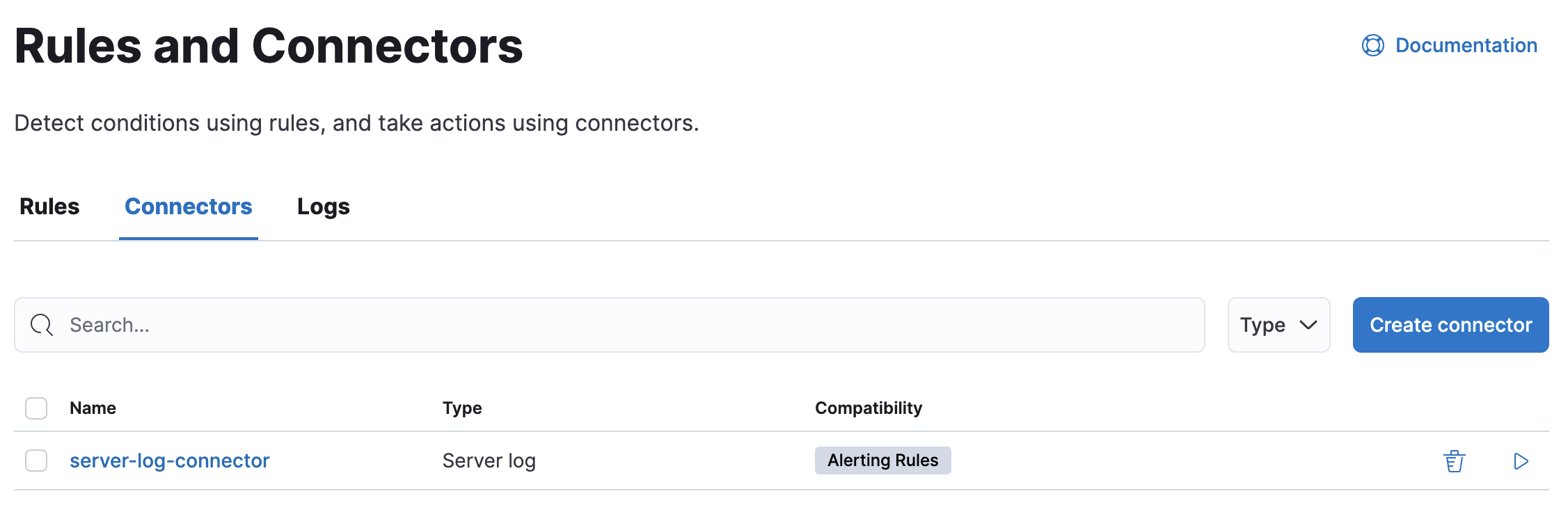 Example connector listing in the Rules and Connectors UI