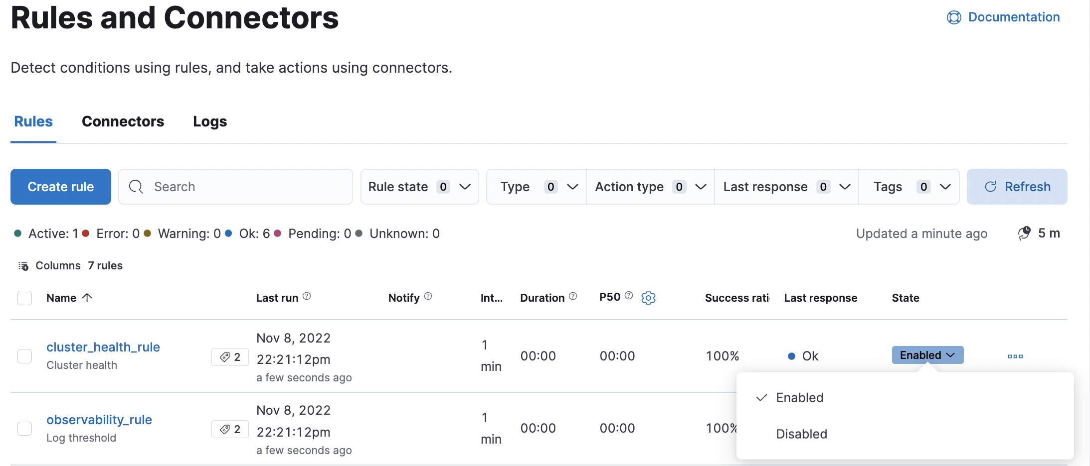 Use the rule status dropdown to enable or disable an individual rule